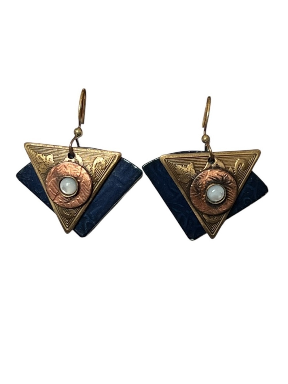 Vintage Pierced Dangle Copper Earrings Faux Pearl Engraved Art Deco